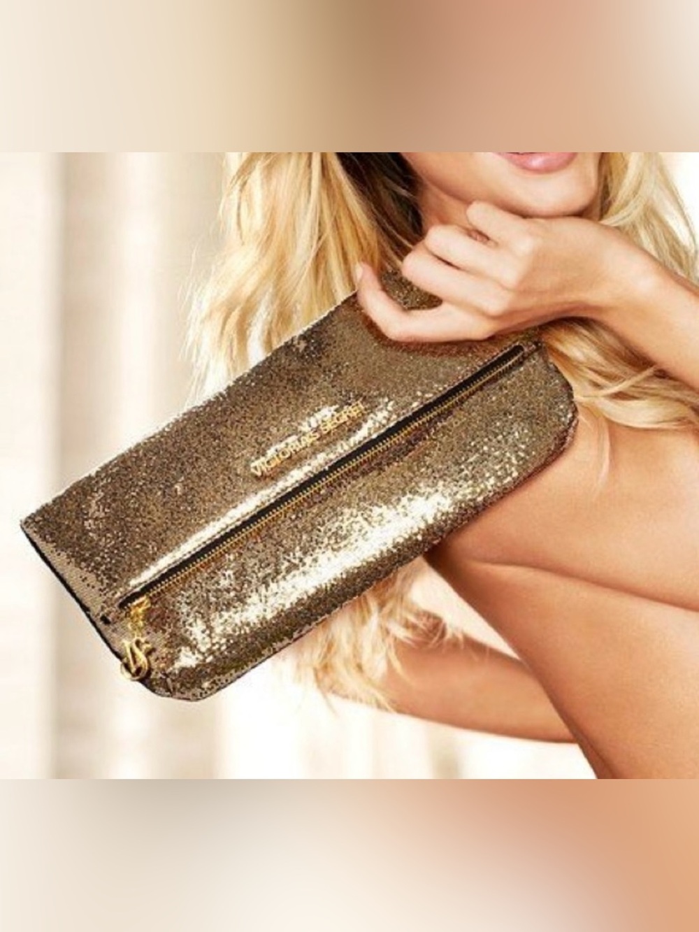 VICTORIA'S SECRET Clutch Gold Glitter Fold Over Pouch Bag w/ Mirror Glam Y2K NEW